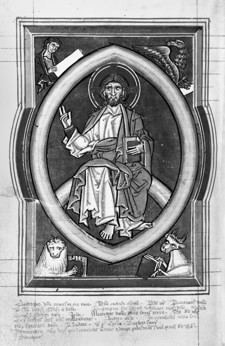 Maiestas Domini. Christus thront in der Mandorla, umgeben von den Evangelistensymbolen. Thüringisch-sächsisches Psalterium