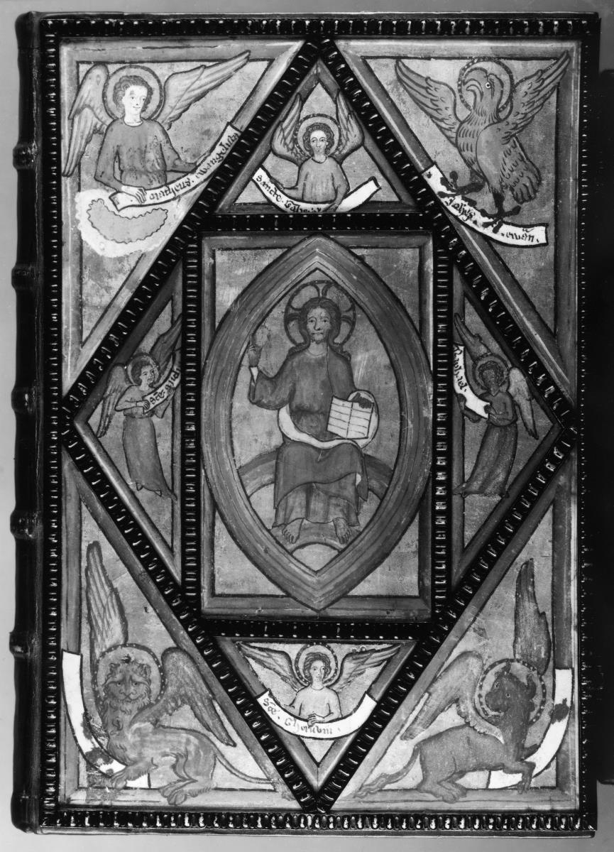 Thronender Christus in der Mandorla, die vier Evangelistensymbole, vier Engel
