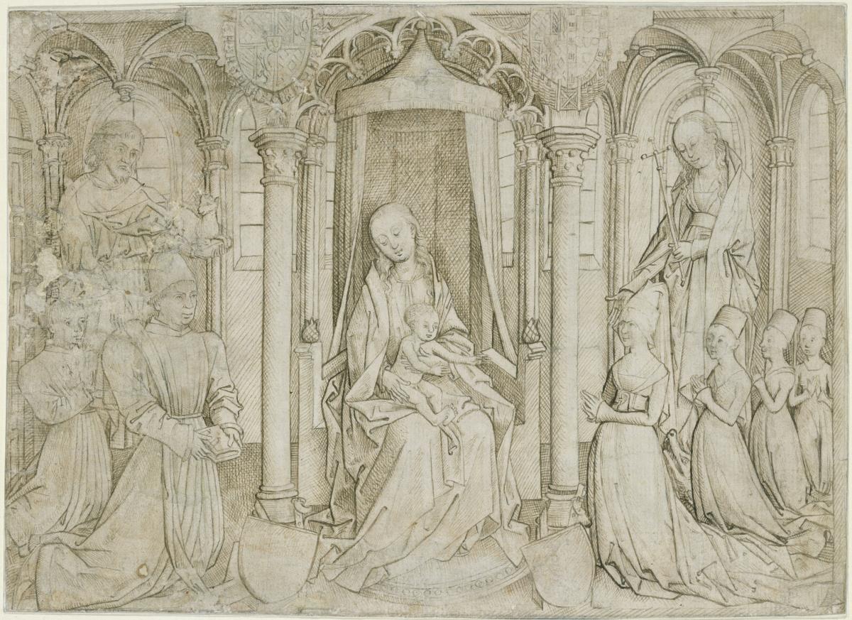 Thronende Madonna mit dem Hl. Johannes und der Hl. Margarethe sowie Stiftern in einer Kapelle