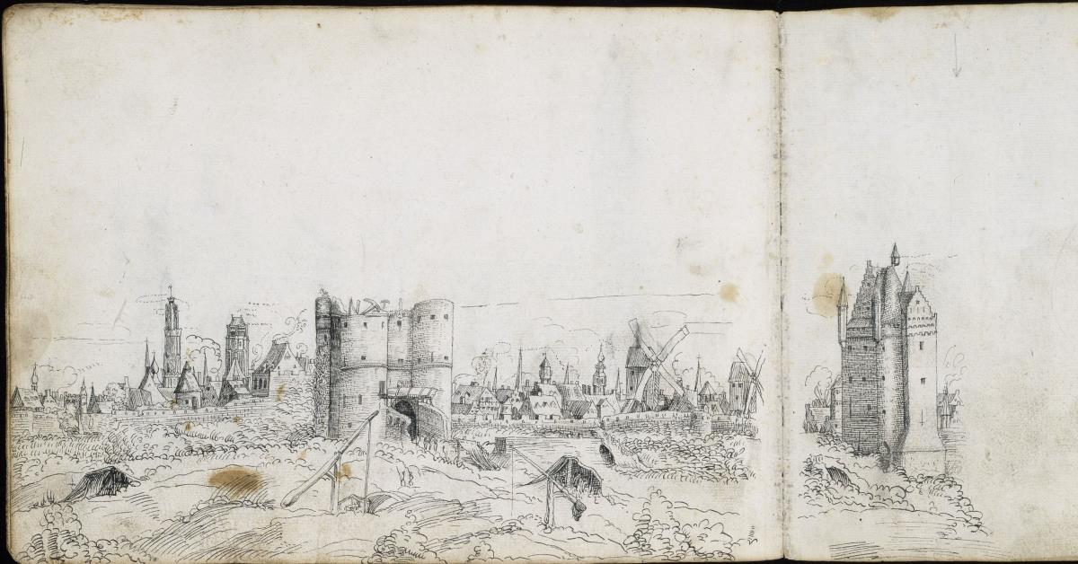 Blick auf eine Stadt mit Kirchtürmen, Windmühlen und großen Stadttoren (rechte Hälfte), kalligraphische Übung