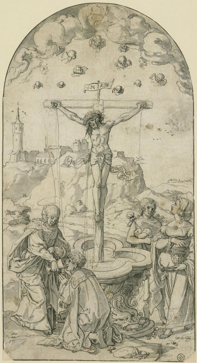 Das Altarsakrament. Christus am Kreuz, dessen Blut in einen Brunnen strömt, aus dem eine Frau einem Jüngling zu trinken gibt. Rechts Johannes und Magdalena, im Hintergrund ein Kloster
