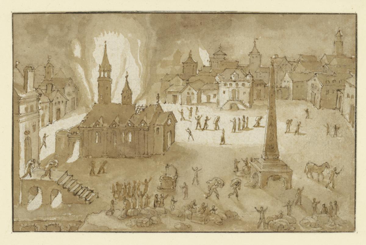 Platz in einer Stadt mit brennender Kirche