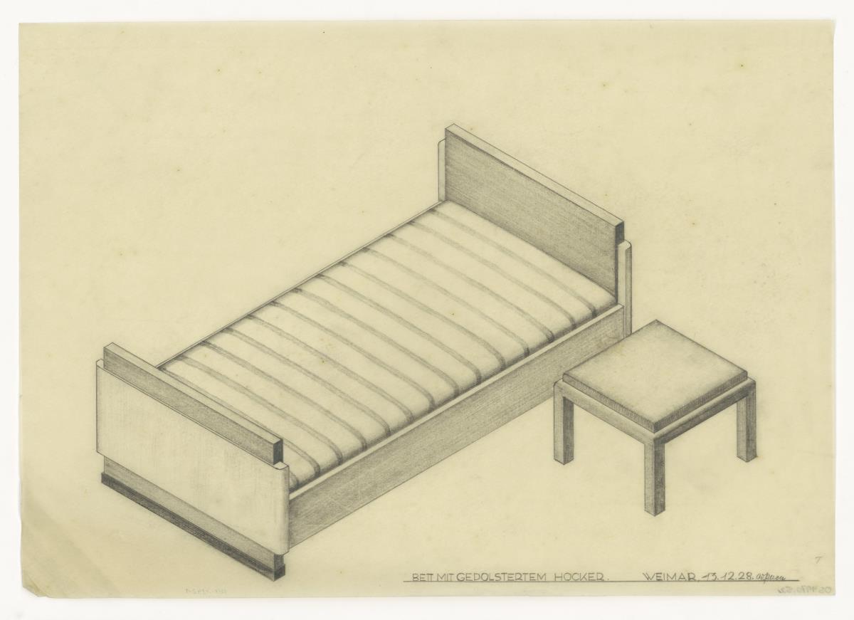 Bett mit Hocker (Möbelentwürfe, Betten)