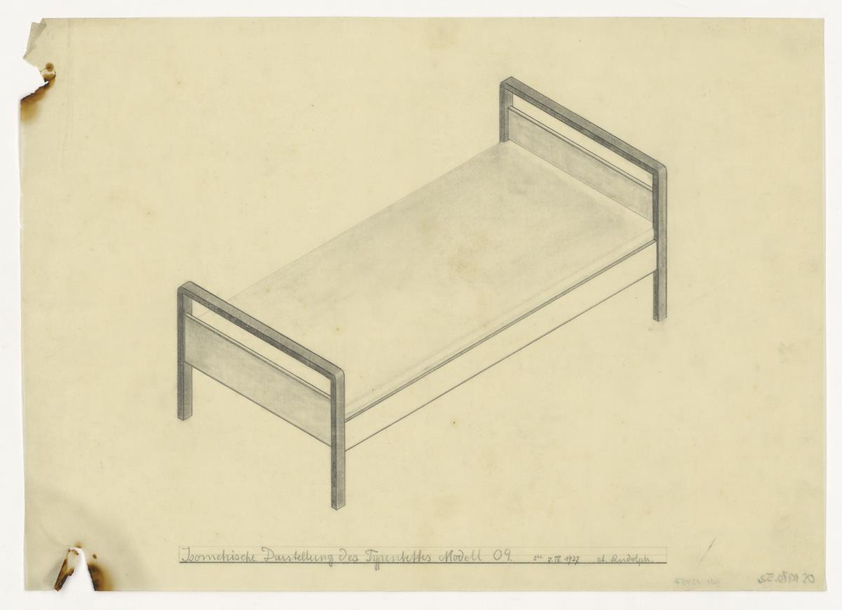 Typenbett, Modell 9, isometrische Darstellung (Möbelentwürfe, Betten)
