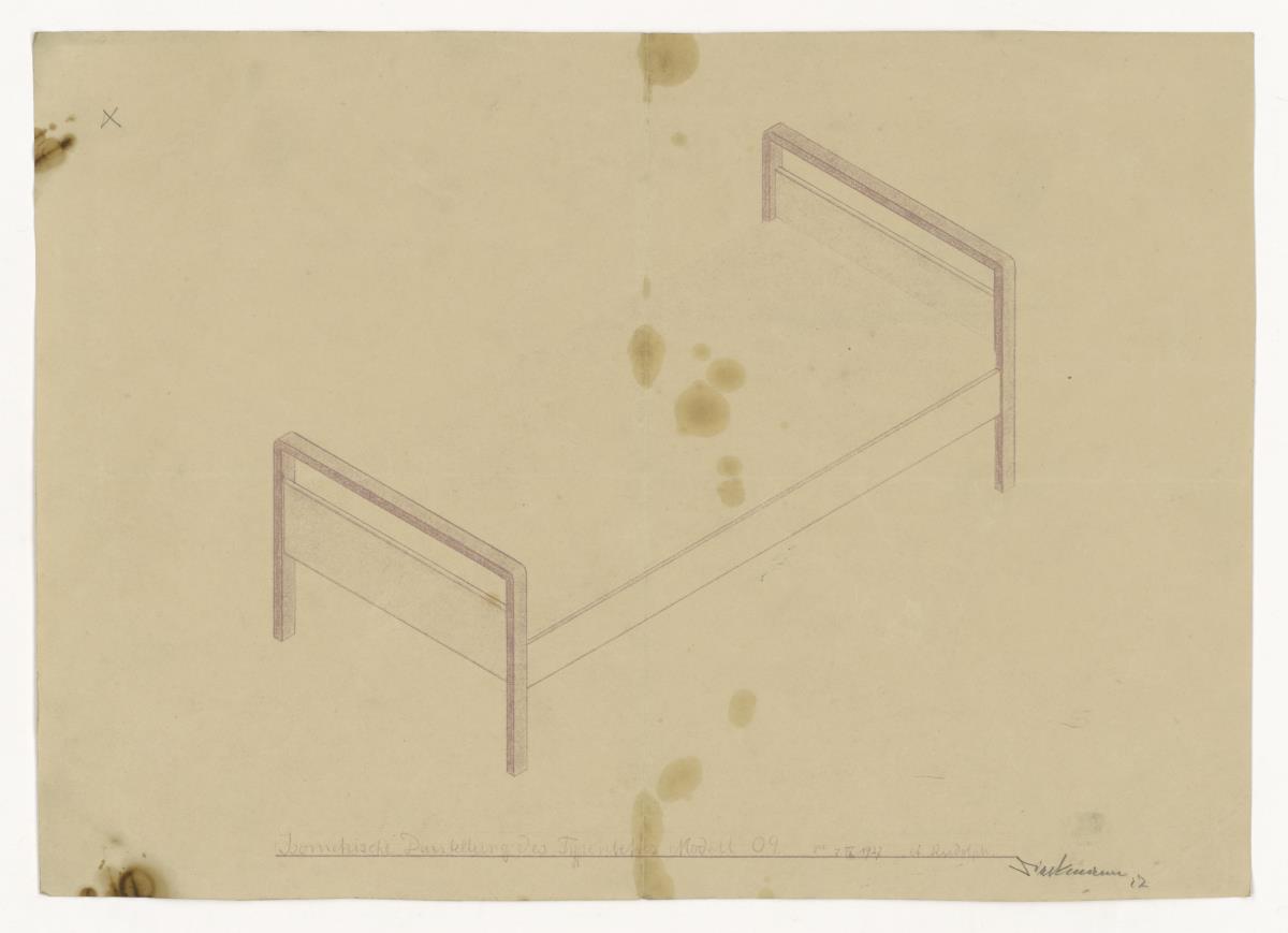 Typenbett, Modell 9, isometrische Darstellung (Möbelentwürfe, Betten)