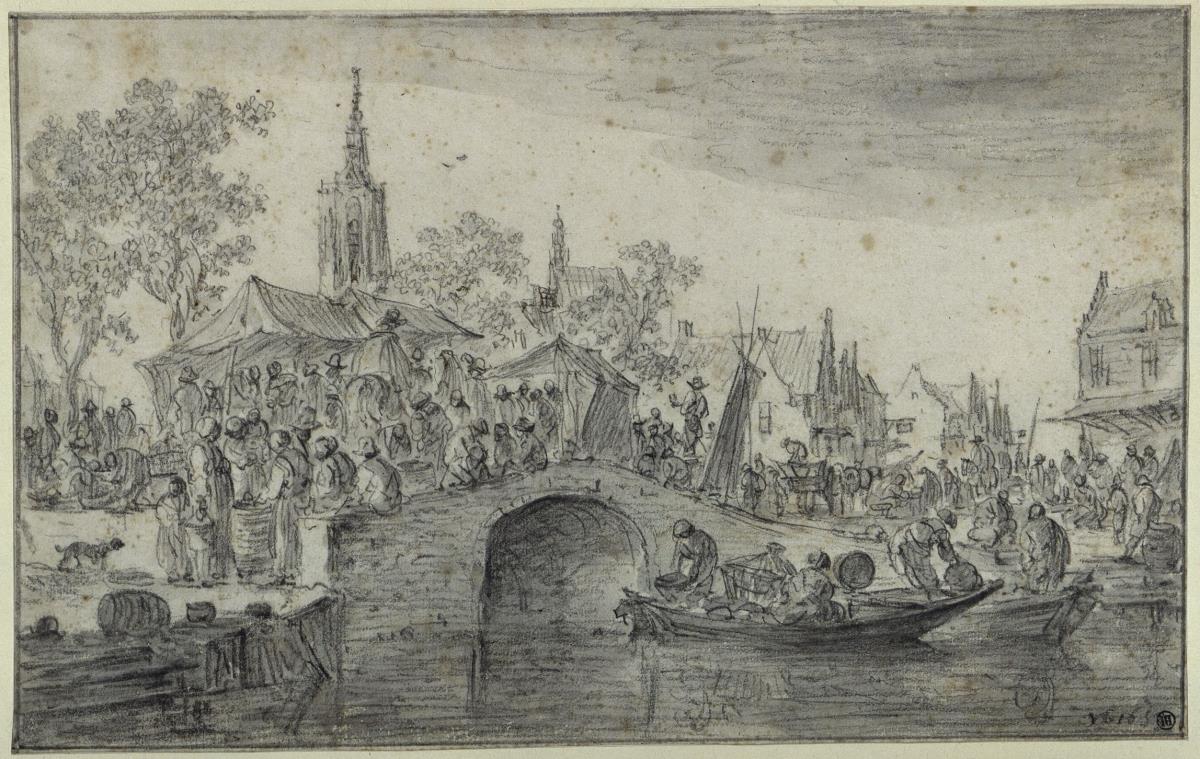 Steinerne Brücke in einer Ortschaft mit Marktszene