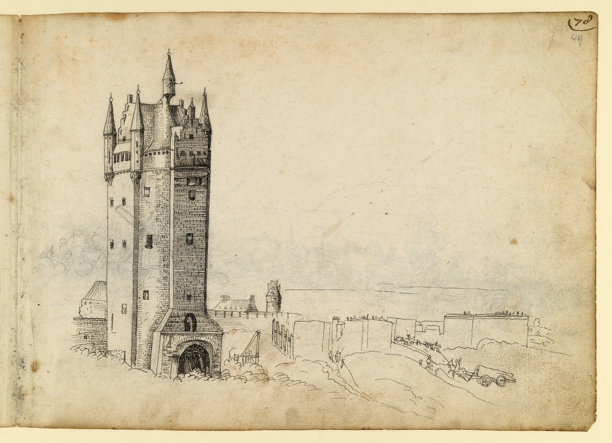 Blick auf einen großen Turm (ähnliches Motiv auf fol. 75 verso)
