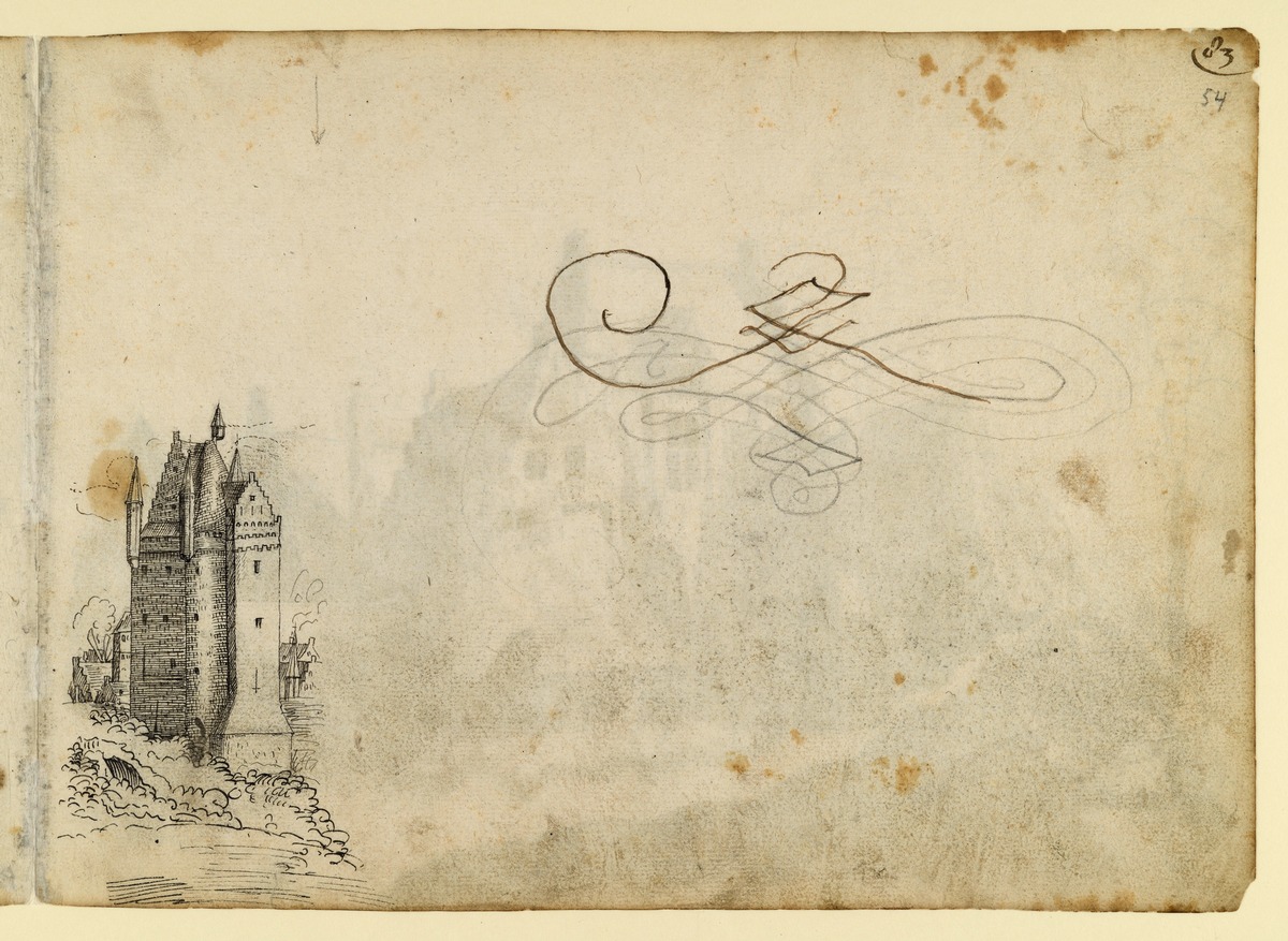Blick auf eine Stadt mit Kirchtürmen, Windmühlen und großen Stadttoren (rechte Hälfte), kalligraphische Übung