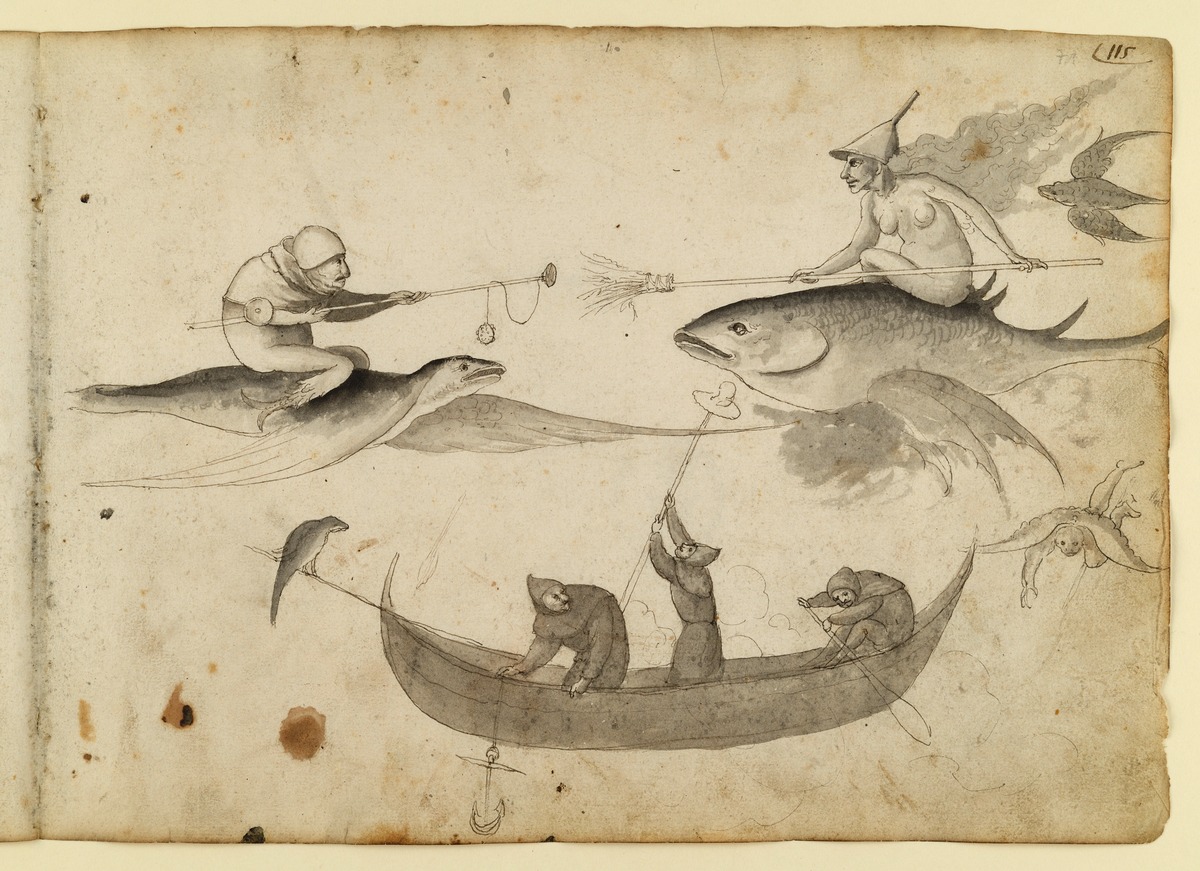Drei Figuren in eínem Kahn, darüber zwei kämpfende Gestalten auf Fischen reitend (Teilkopie nach der "Versuchung des hl. Antonius" von einem Bosch-Nachahmer, Kunsthistorisches Museum Wien)