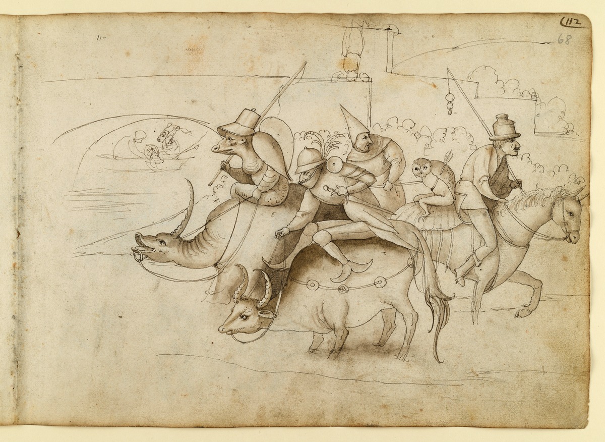 Gruppe fantastischer Kriegsleute mit Fabelwesen an einem Fluss mit Brücke (Teilkopie nach der "Versuchung des hl. Antonius" von einem Bosch-Nachahmer, Kunsthistorisches Museum Wien)