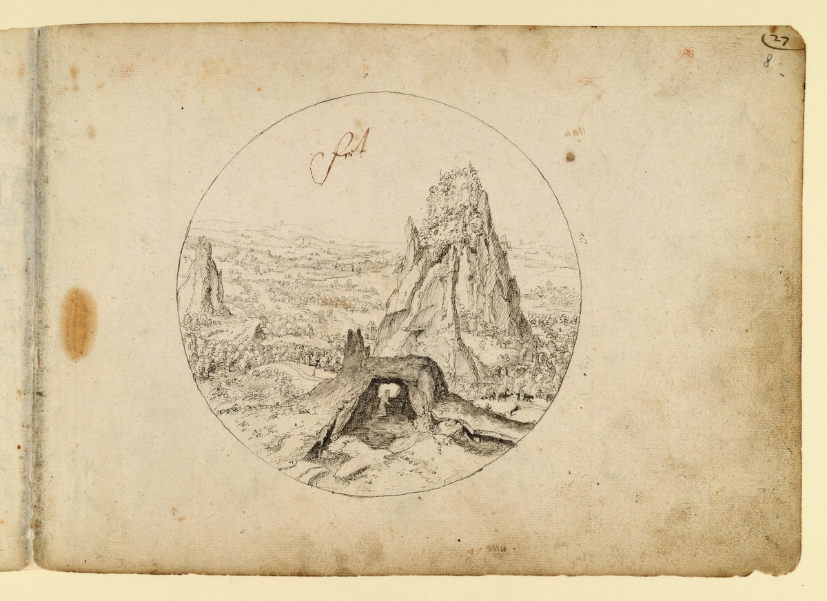 Hieronymus im Gebet in einer Grotte vor weiter Landschaft