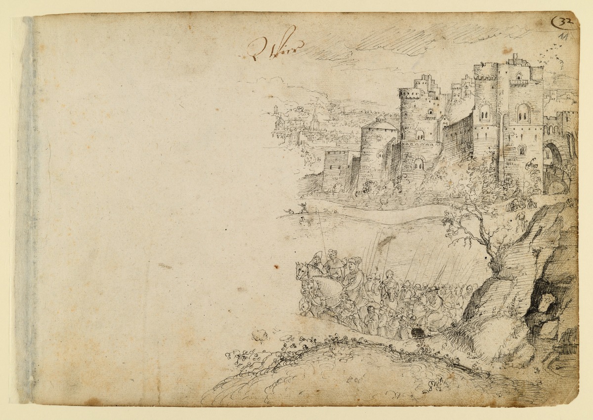 Aufstieg zum Kalvarienberg. Landschaft mit befestigter Stadt und Reiterzug ("WIen")