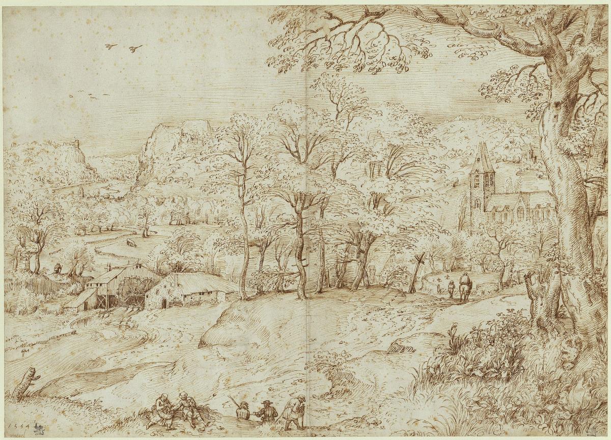 Baumreiche Hügellandschaft mit Kirche, nach Domenico Campagnola