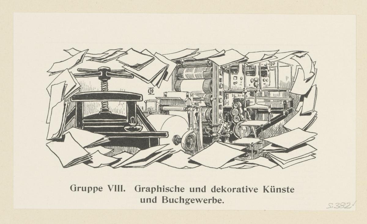 Gruppe VIII. Graphische und dekorative Künste und Buchgewerbe (in Berlin und seine Arbeit, Amtlicher Bericht der Berliner Gewerbe-Ausstellung 1896, S. 382)