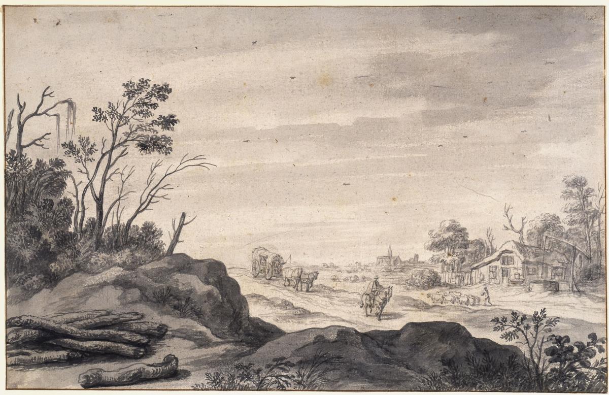 Weite Landschaft mit Reiter und Wagen