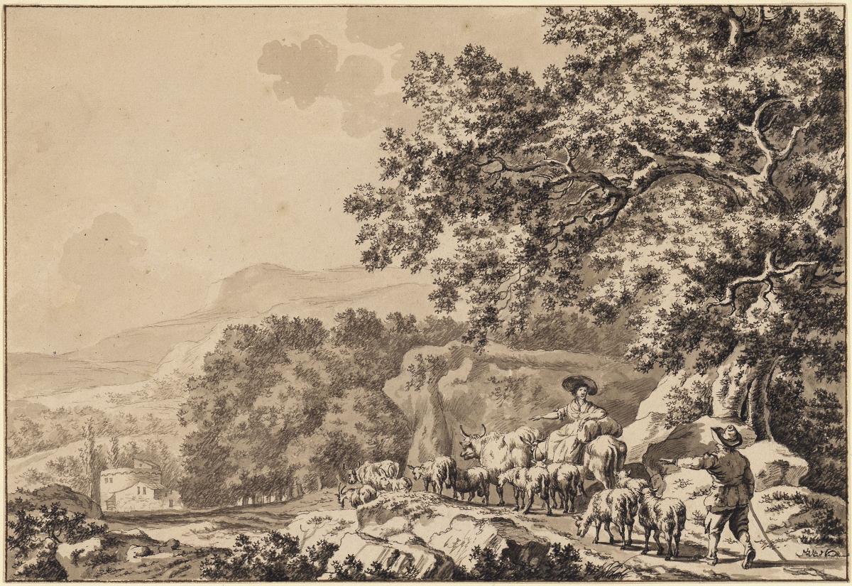 Idyllische Berglandschaft mit Schäferpaar und Herde