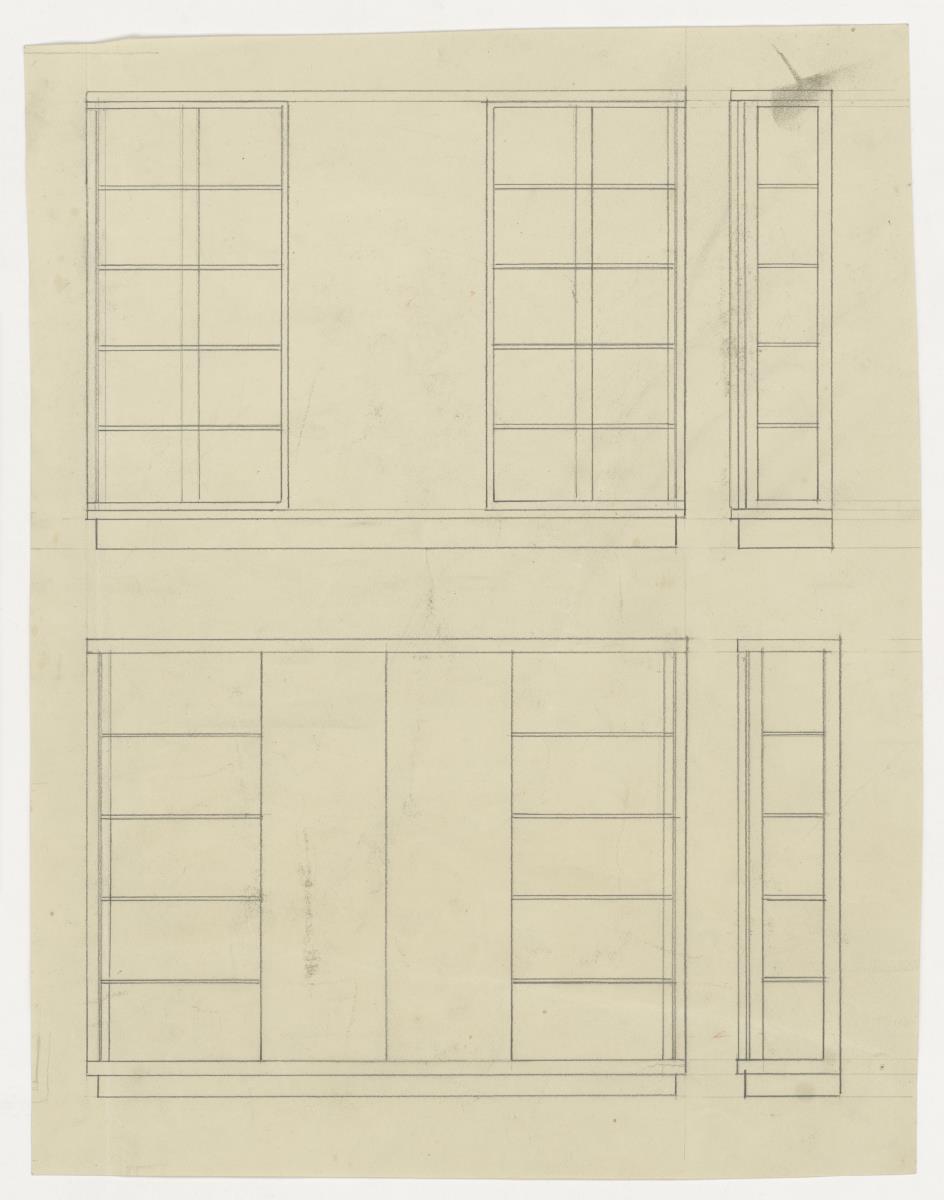 Bücherschrank, Ansichten (Möbelentwürfe, Körpermöbel, Schränke)