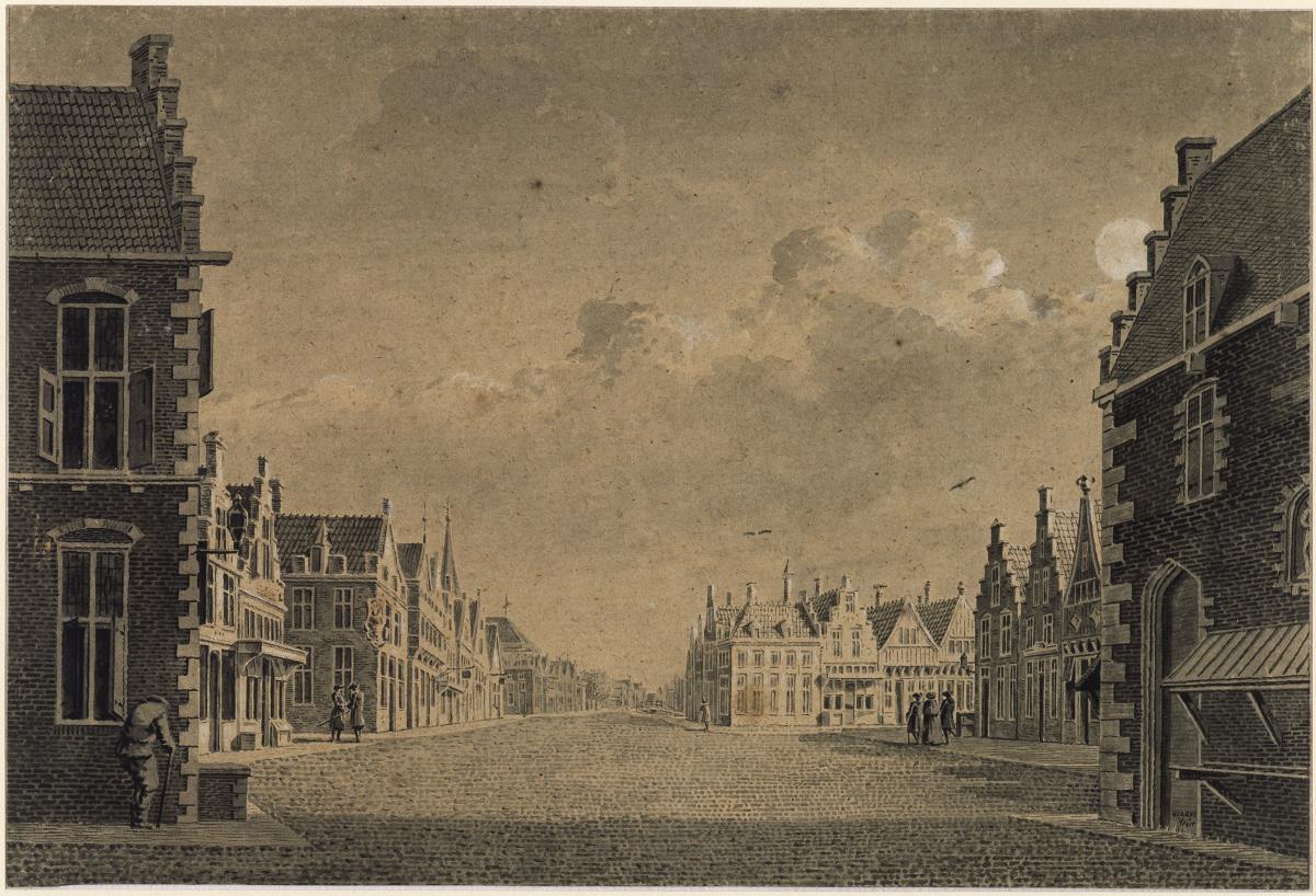Ansicht einer Stadt mit gepflasterter Straße