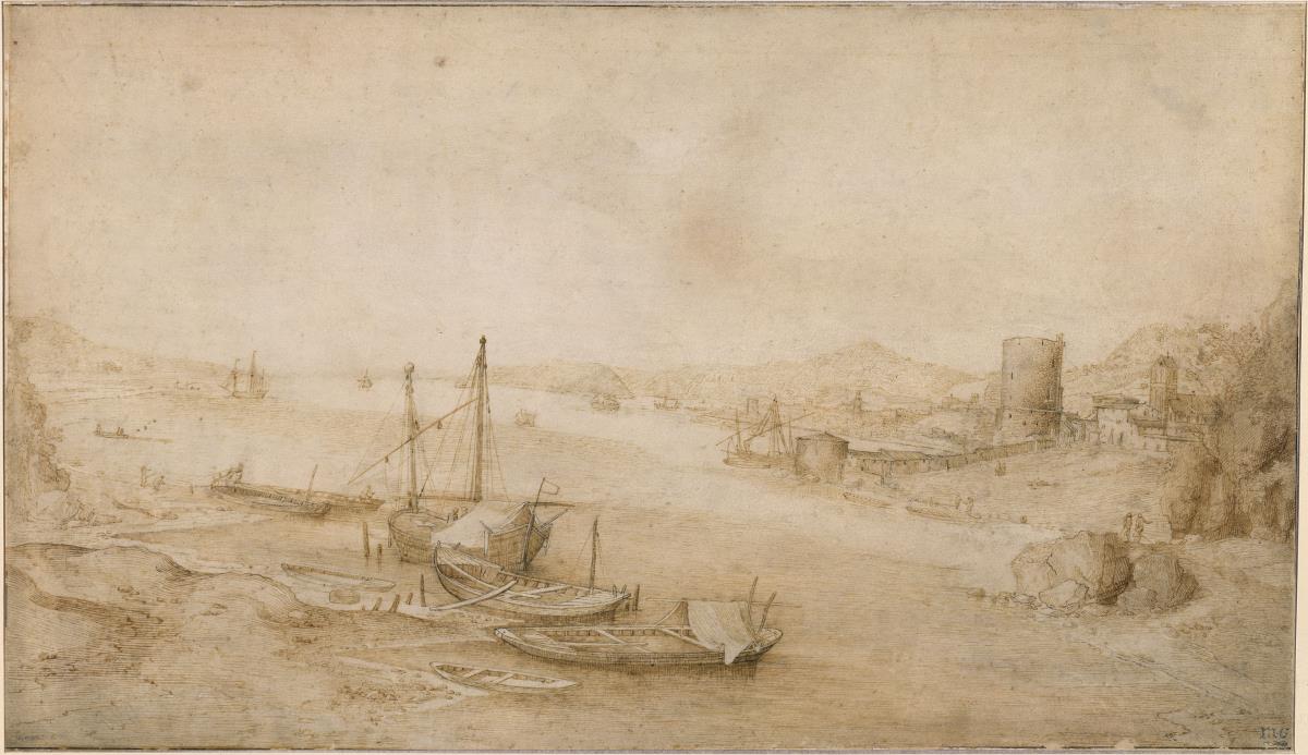 Küstenlandschaft mit einer Stadt und Schiffen