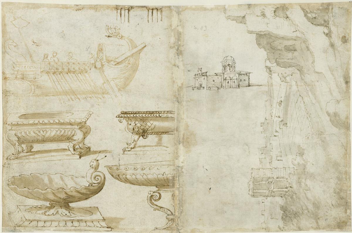 Blick vom Palatin auf die Rückseite des Septizonium / Schiff. Vier Schalen