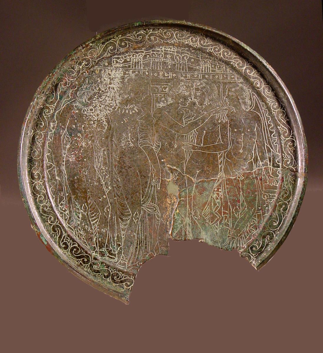Etruskischer Spiegel (Fragment) mit Liebesszene von zweifelhafter Bedeutung