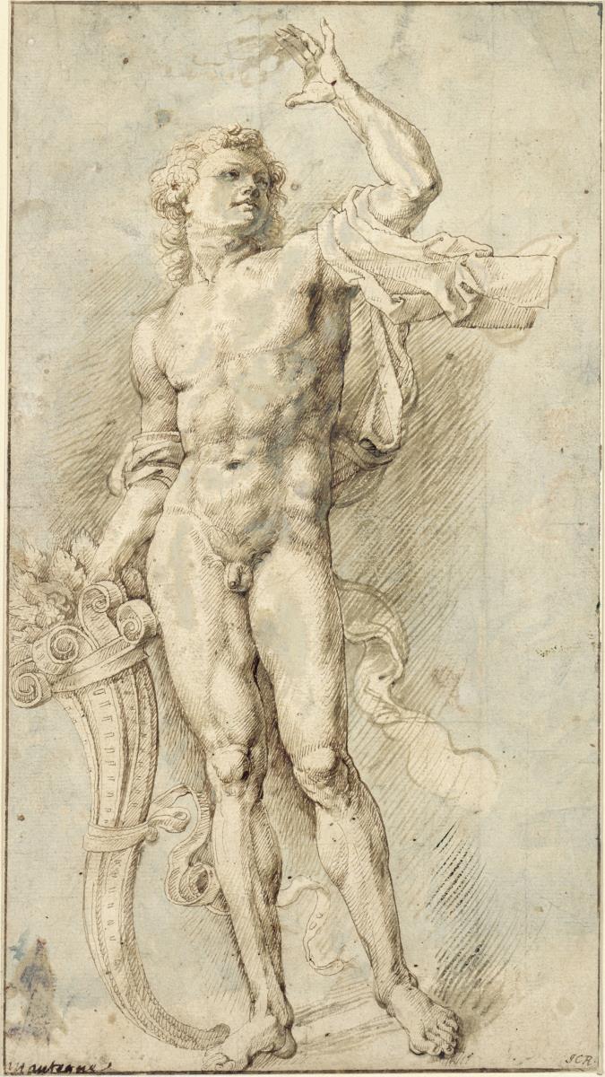 Nackter Jüngling mit Füllhorn, nach Andrea Mantegnas Kupferstich "Bacchanal" (B. 19)