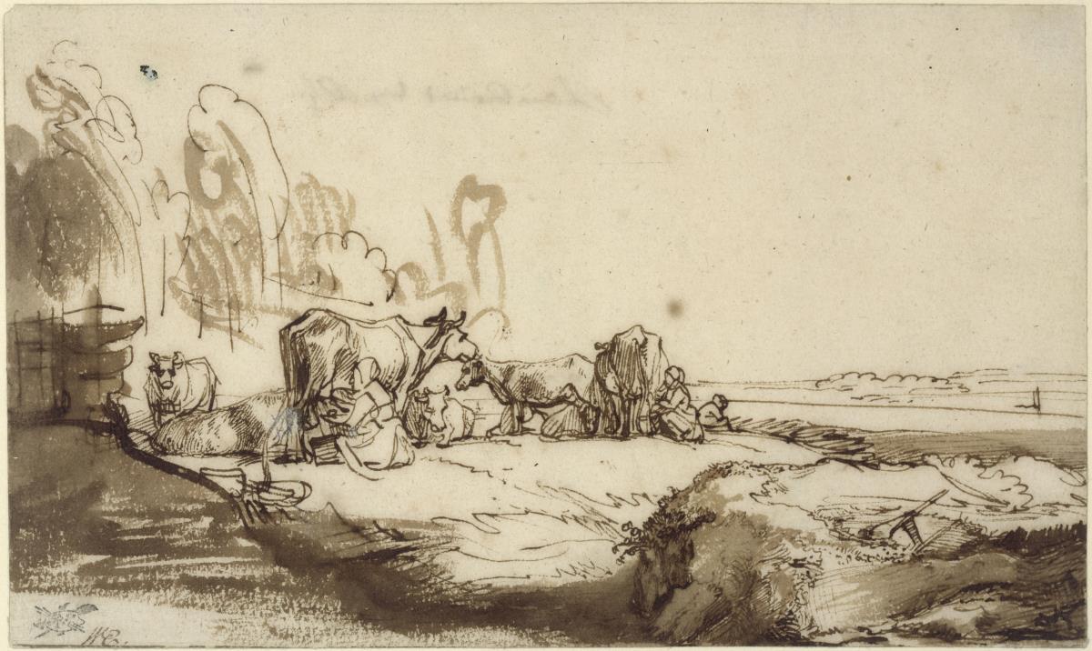 Landschaft mit Kühen und zwei Melkerinnen