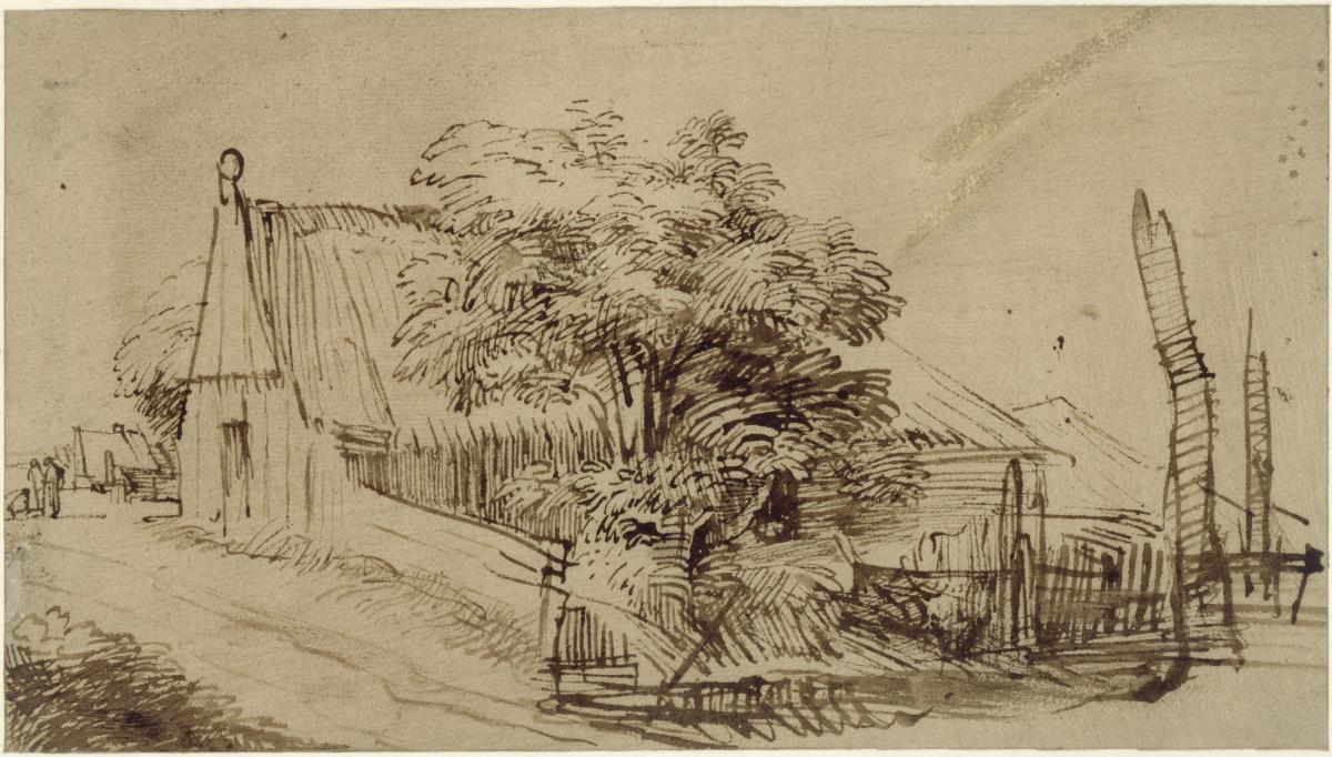 Landschaft mit Hütte an einem nach links ansteigenden Weg, links hinter einem Baum, rechts vorn Wasser
