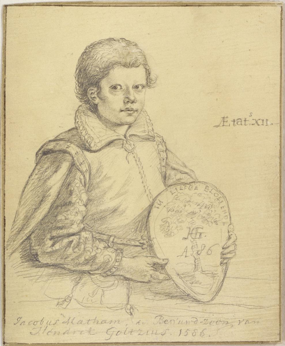 Brustbild des jungen Jacob Matham mit Wappenschild in den Händen