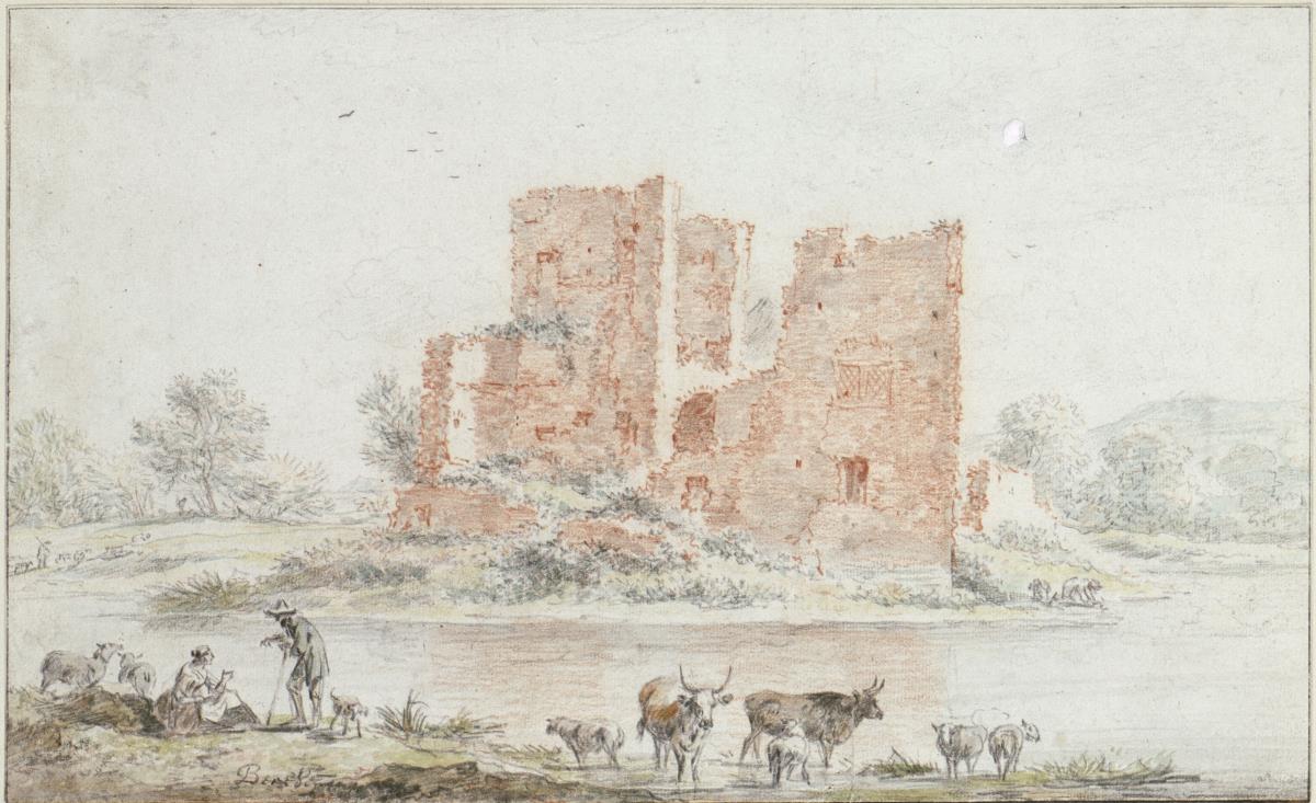Ruine am Wasser, vorn Hirtenpaar mit Vieh