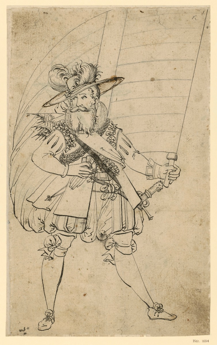 Ein Krieger in reicher Kleidung, grätschbeinig dastehend, die R. in die Seite gestemmt, mit der L. den Schaft einer Fahne haltend