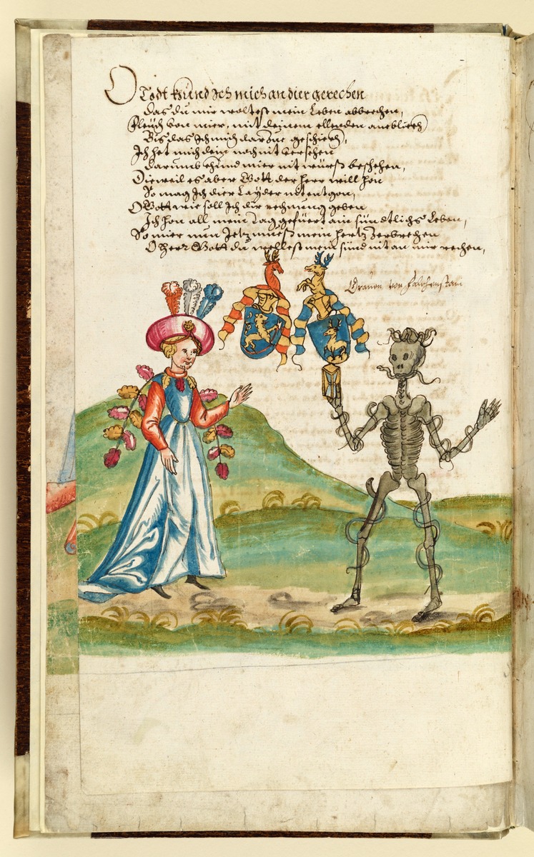 Totentanz für Wilhelm Werner, Graf zu Zimmern - Der Tod begegnet einer jungen, adligen geputzten Frau und hält ihr das Stundenglas vor. In der Mitte die Wappen von Falkenstein