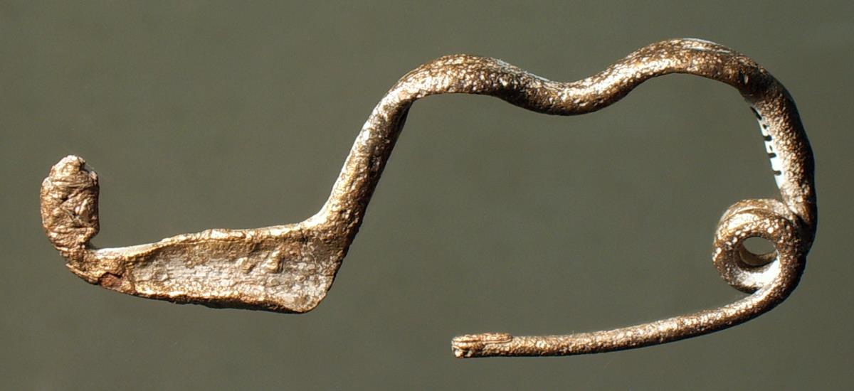 Flache kleine Fibel mit zwei Bögen (?)