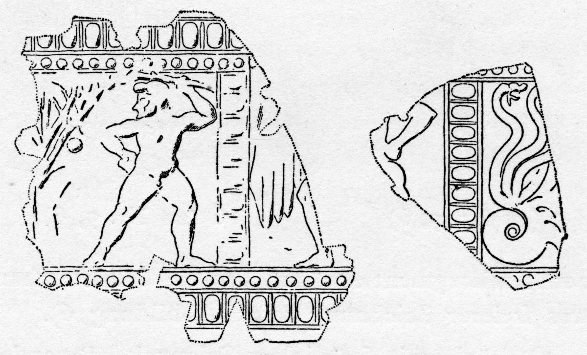 Fragmente eines Blechs, ursprünglich mit mehreren Darstellungen geschmückt, ... Baum mit Äpfeln, Herakles nach rechts schreitend, ...