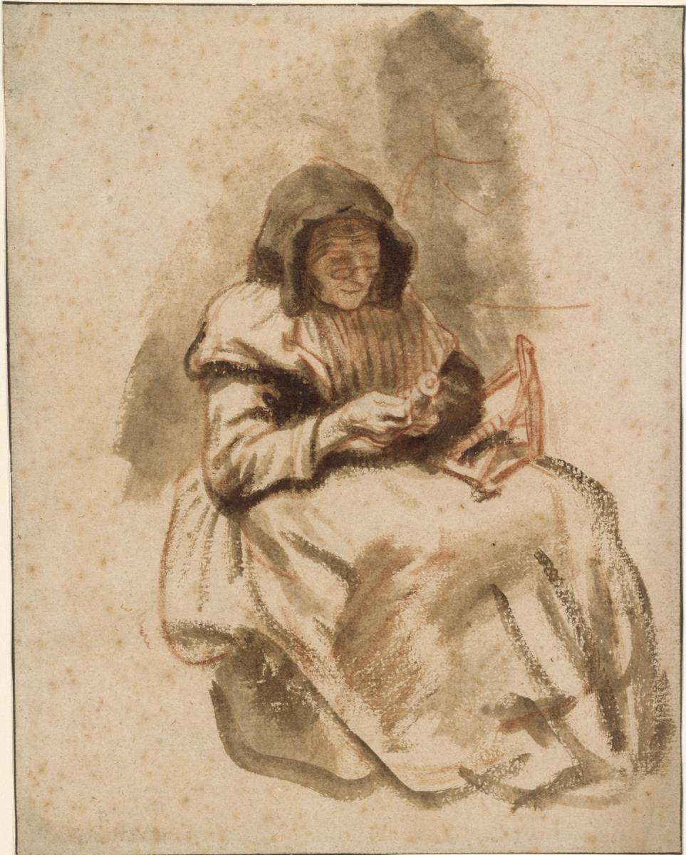 Sitzende alte Frau mit Garnhaspel