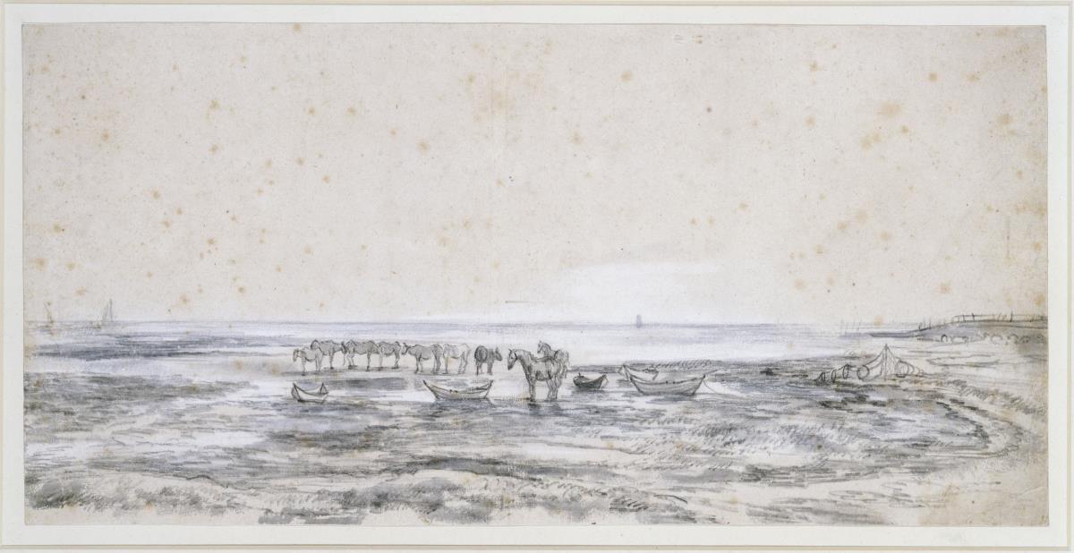 Strand bei Ebbe mit Kühen und zwei Pferden
