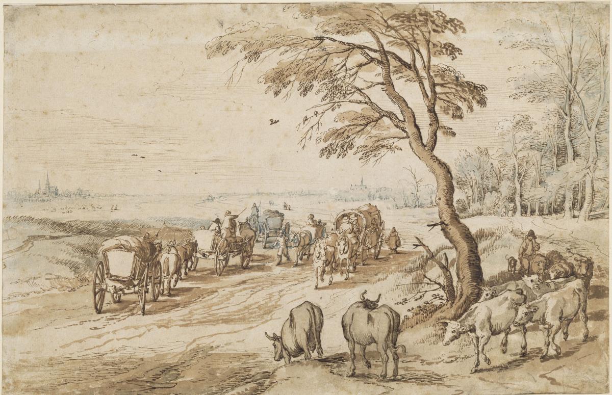 Landstraße mit zahlreichen Wagen im Flachland