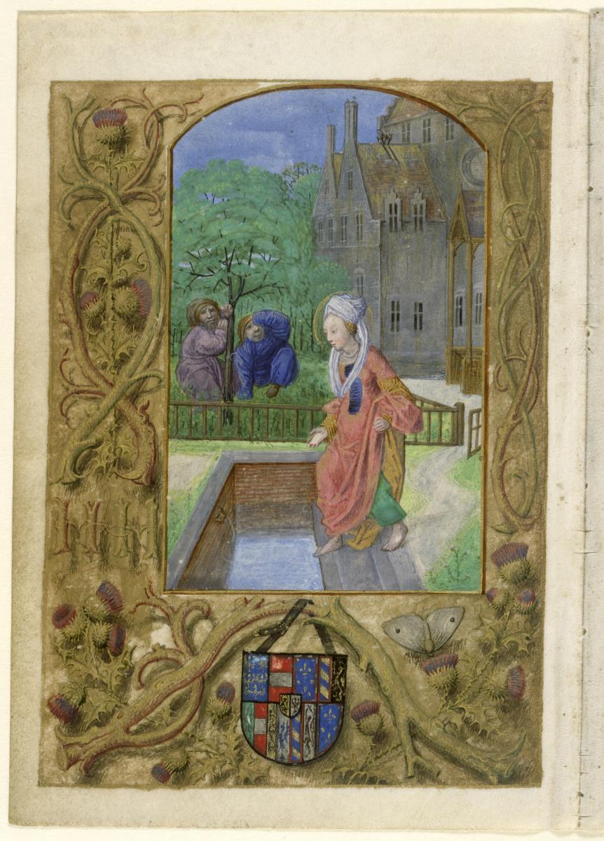 Das Bad der Susanna. Hinten im Schlosshof unter einem Baum die beiden Alten. Unten das Wappen Maria und Maximilians, in: Stundenbuch der Maria von Burgund und Kaiser Maximilians