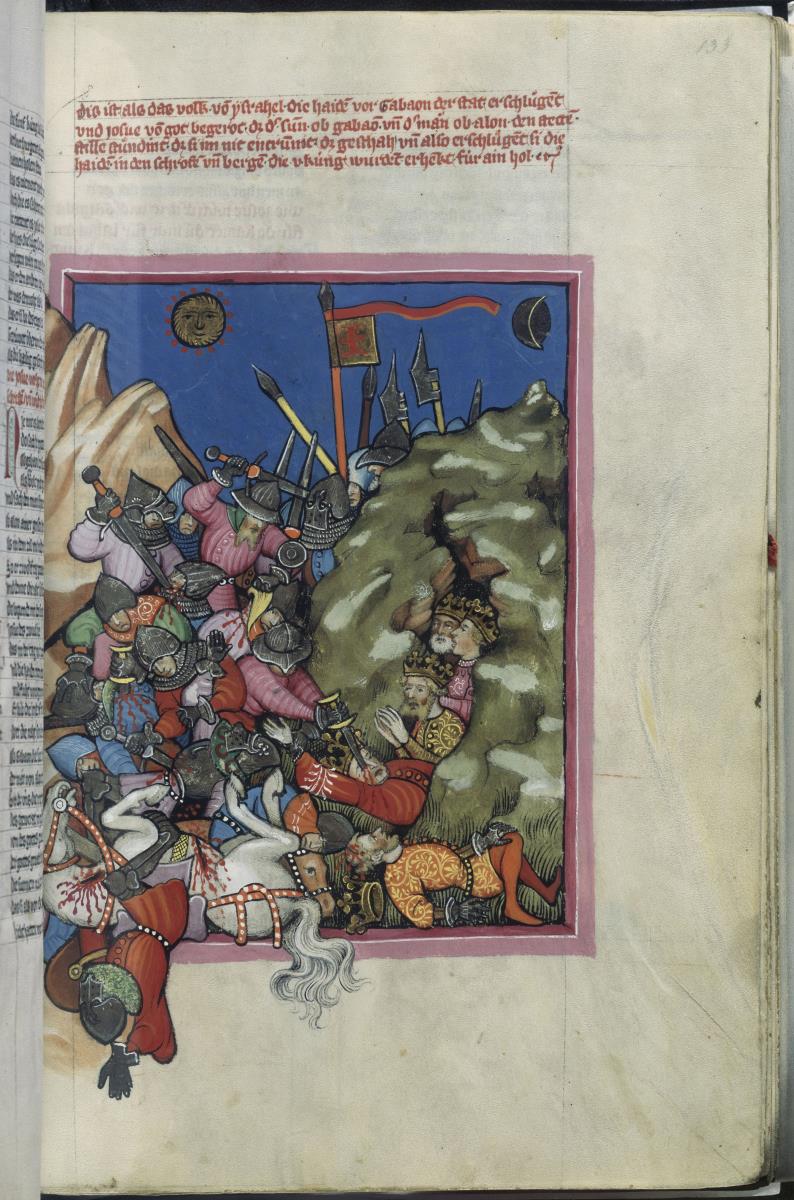 Toggenburg-Bibel. Josua erschlägt alle Heiden vor Gabaon, während Sonne und Mond stille stehen