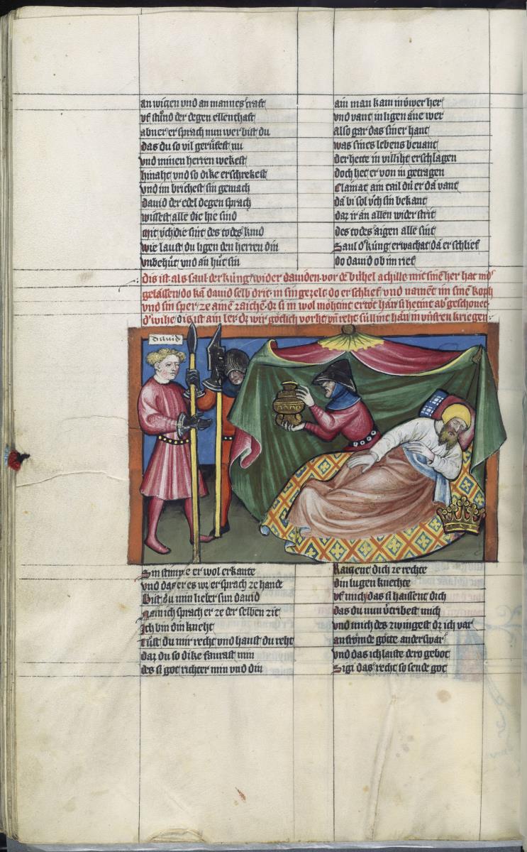 Toggenburg-Bibel. David nimmt Sauls Speer und Wasserbecher aus dem Zelt