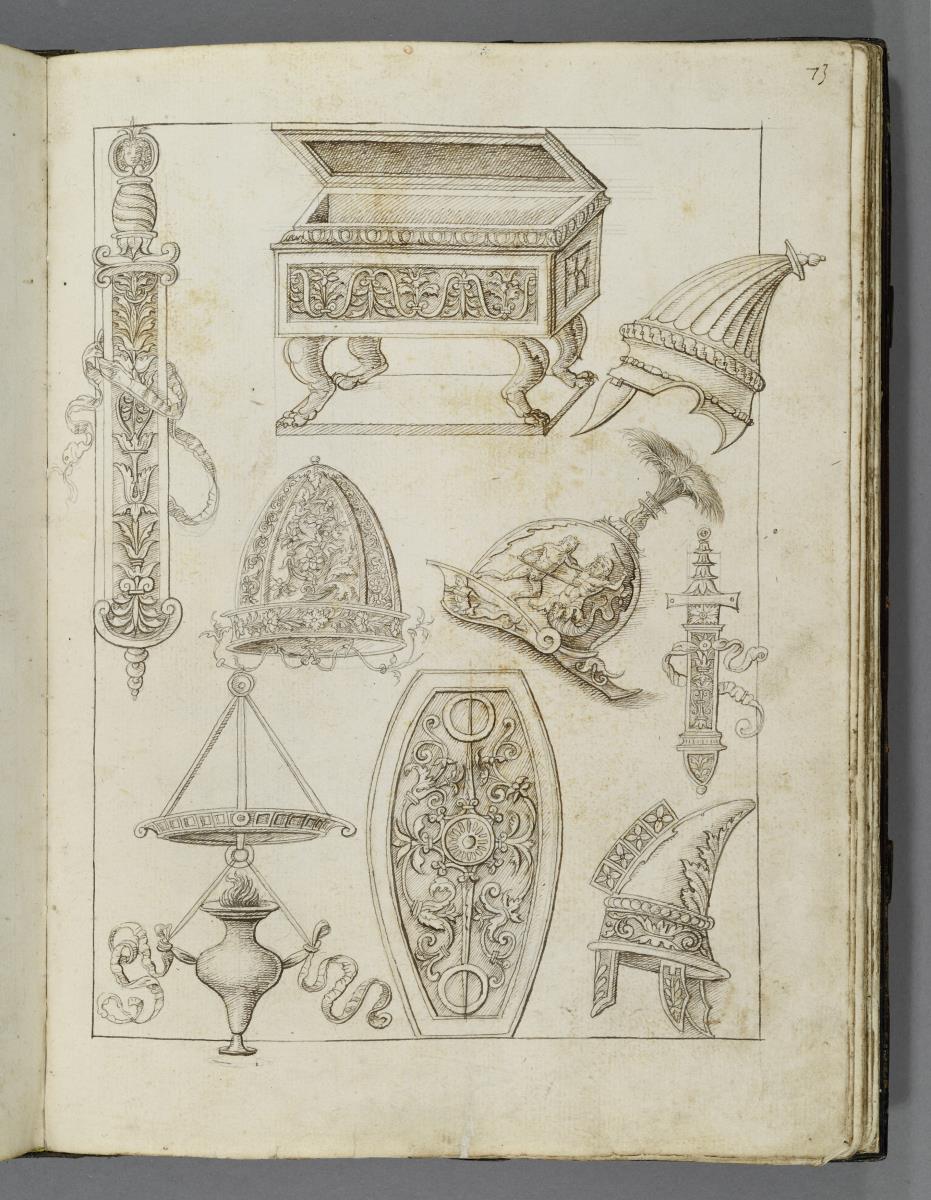 Codex Mantegna, vier Helme, zwei Schwerter, Lampe, Kasten