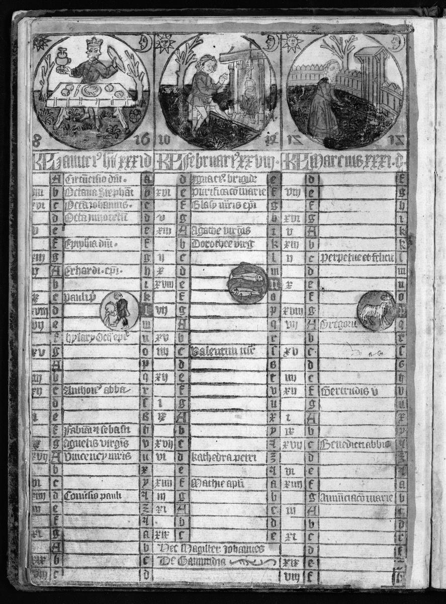 Planetenbuch (Blockbuch), Bl. 9 verso - Kalender des Johann von Gemünd: Januar, Februar, März