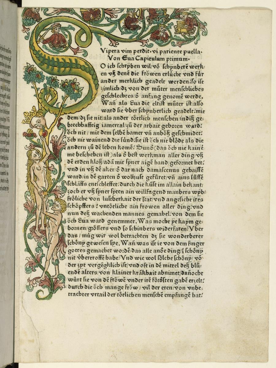 Schlange des Sündenfalls als Initiale S; Boccaccio, Giovanni: De claris mulieribus, deutsch von Heinrich Steinhöwel, Ulm: Johann Zainer d. Ä., [nicht vor 15.VIII.1473].