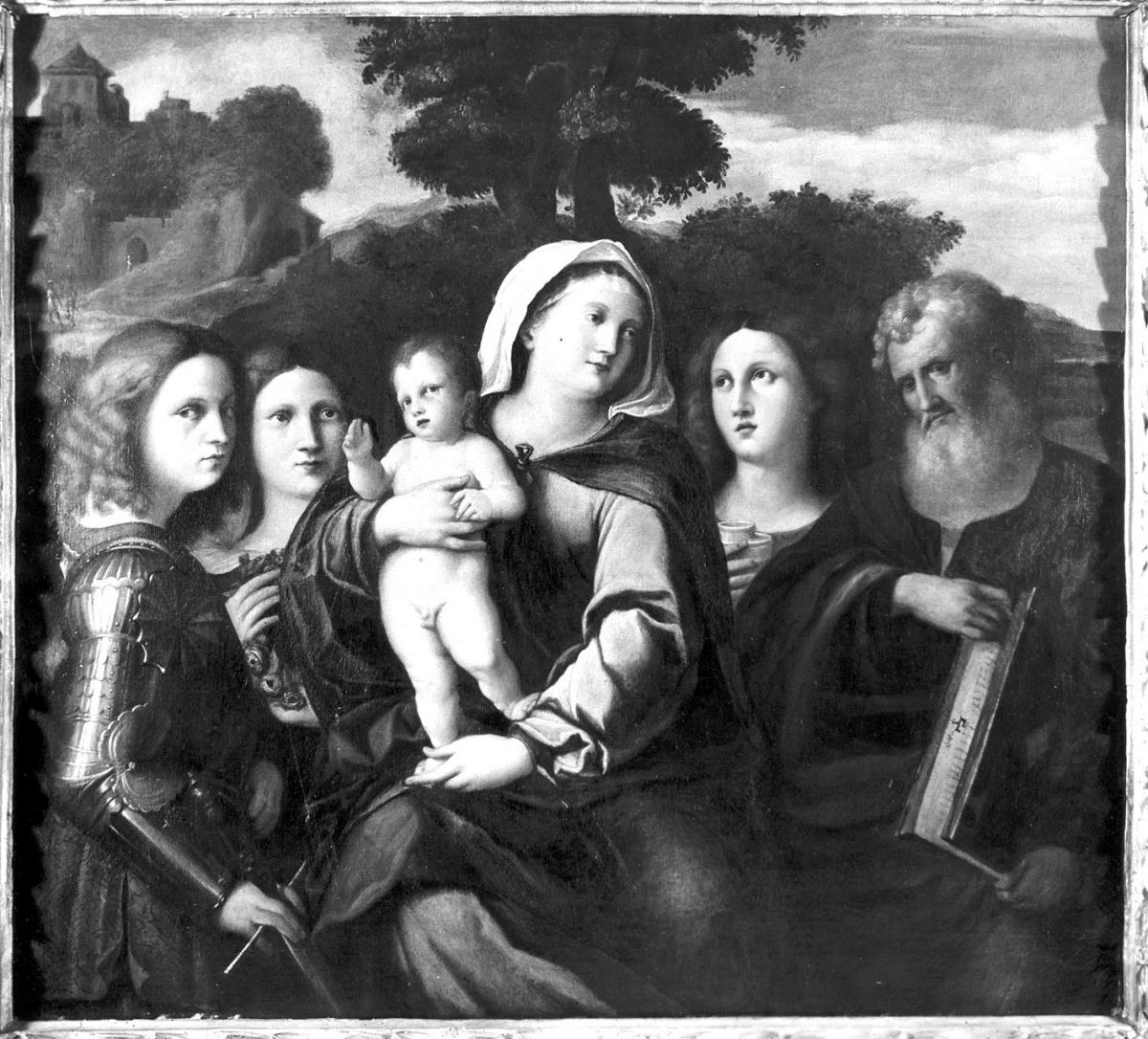 Maria mit dem Kind und vier Heiligen vor einer Landschaft
