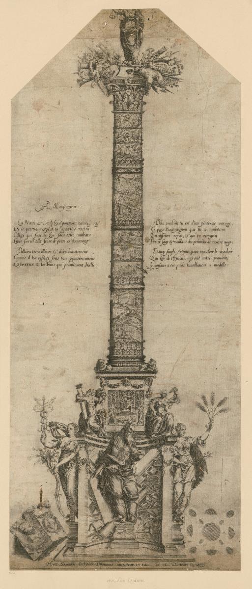 Ehrensäule. Auf dem Kapitell die Justitia mit Trophäen; am Sockel Moses mit den Gesetzestafeln und vier allegorischen Figuren. Hvg. Sambin ... Architecte Dijonnois inuenteur 1588.