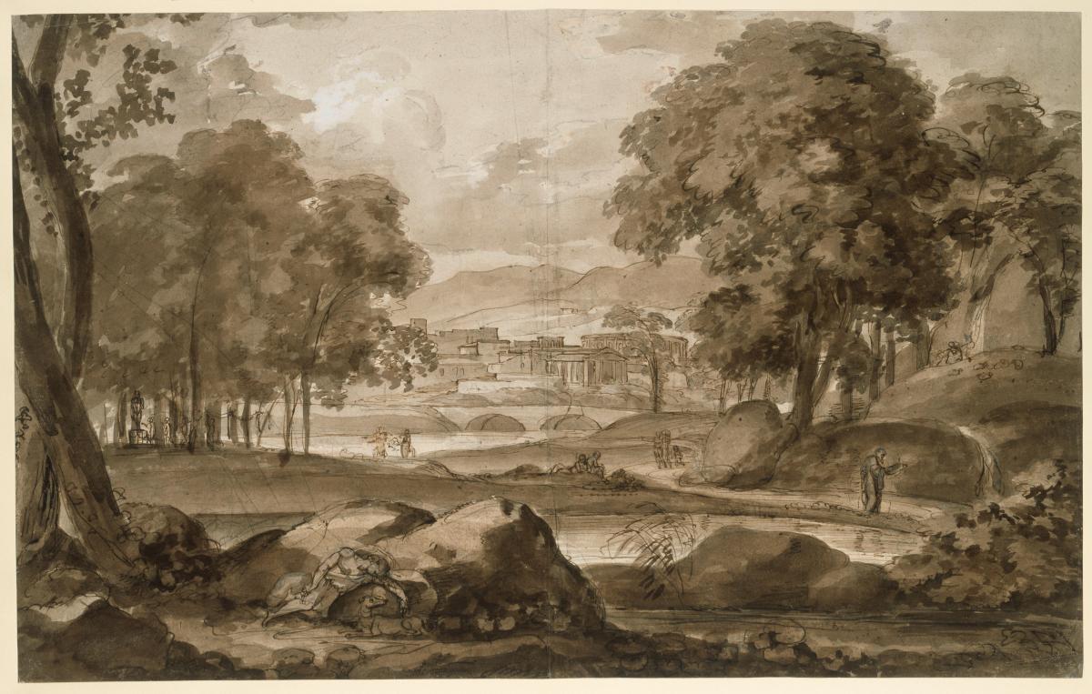 Große Waldlandschaft mit antiker Stadt und figürlicher Staffage