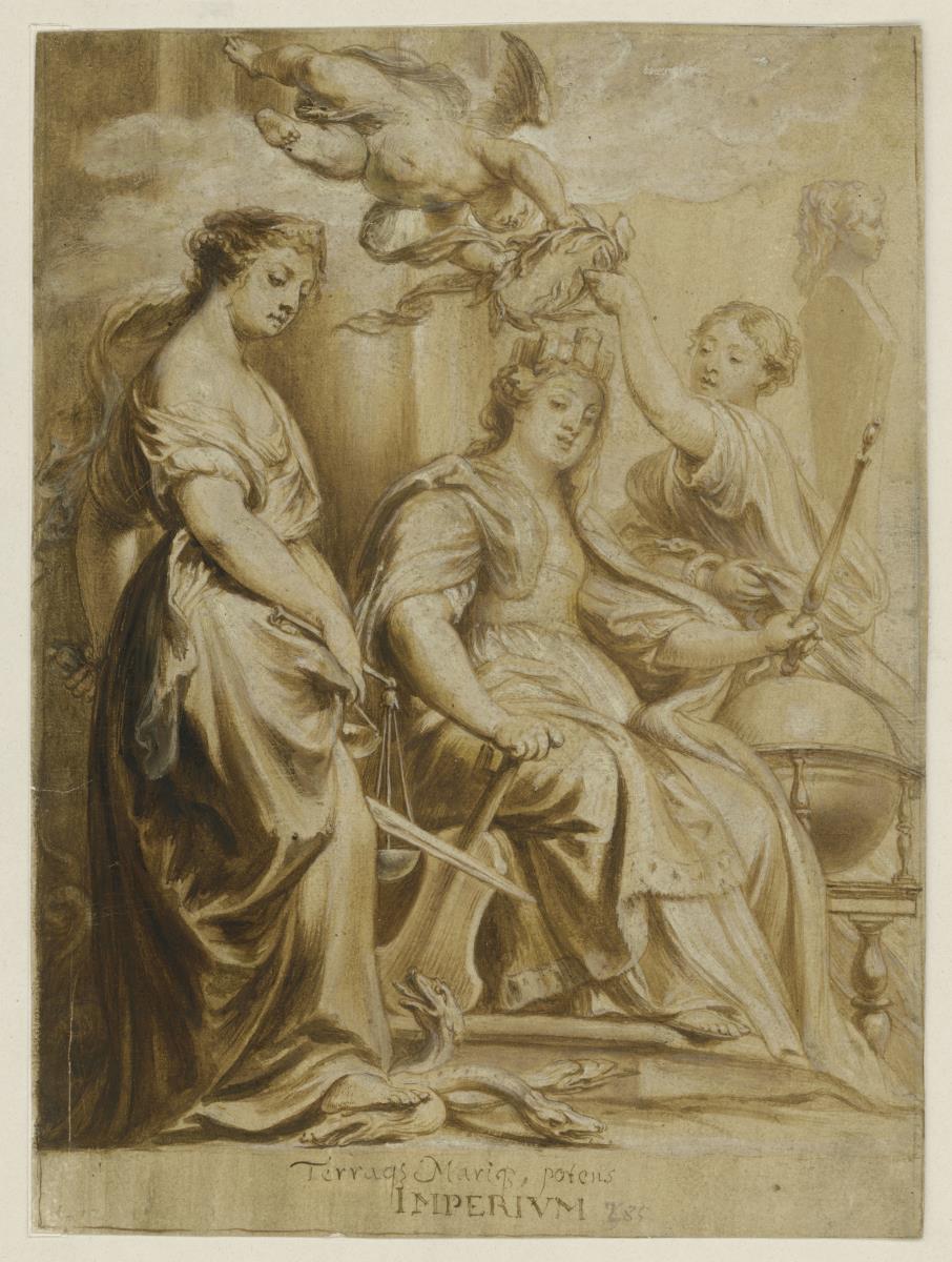 Allegorie auf die gute Regierung, Vorzeichnung für den Kupferstich von Pieter de Jode II, nach einer Rubens zugeschriebenen Ölskizze