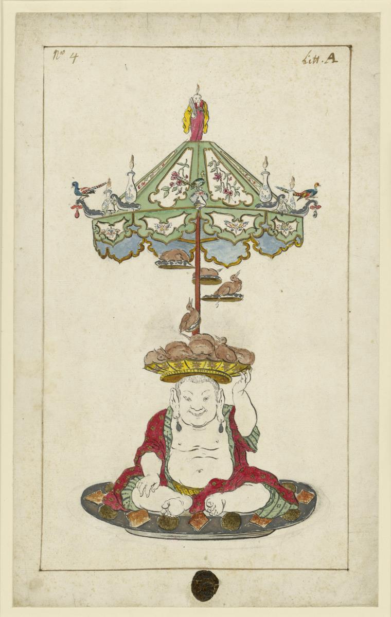 Ein auf flacher Schale sitzender Buddha mit Pagode