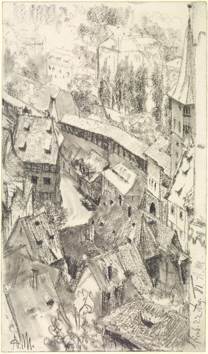 Blick von der Burg in Nürnberg auf den kleinen Platz am Thiergärtner Tor mit dem Dürer-Haus