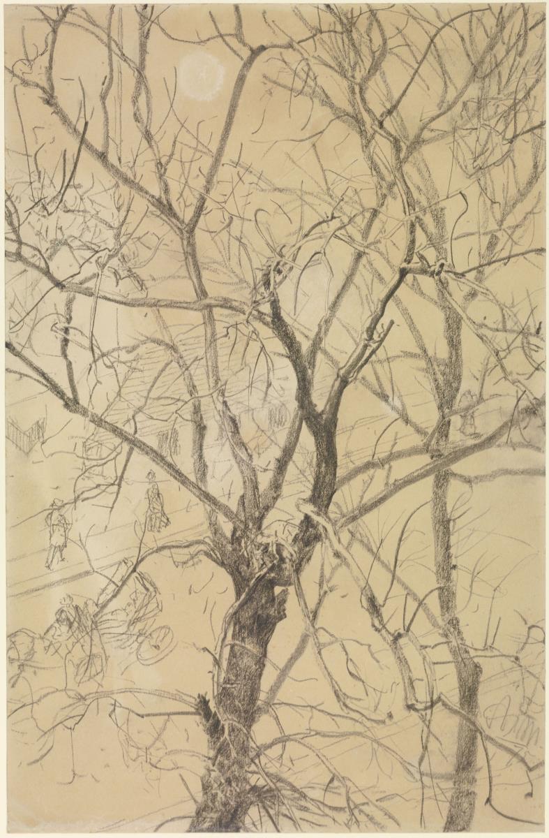 Blick durch kahles Geäst auf eine Straße mit Passanten und einer Pferdedroscke